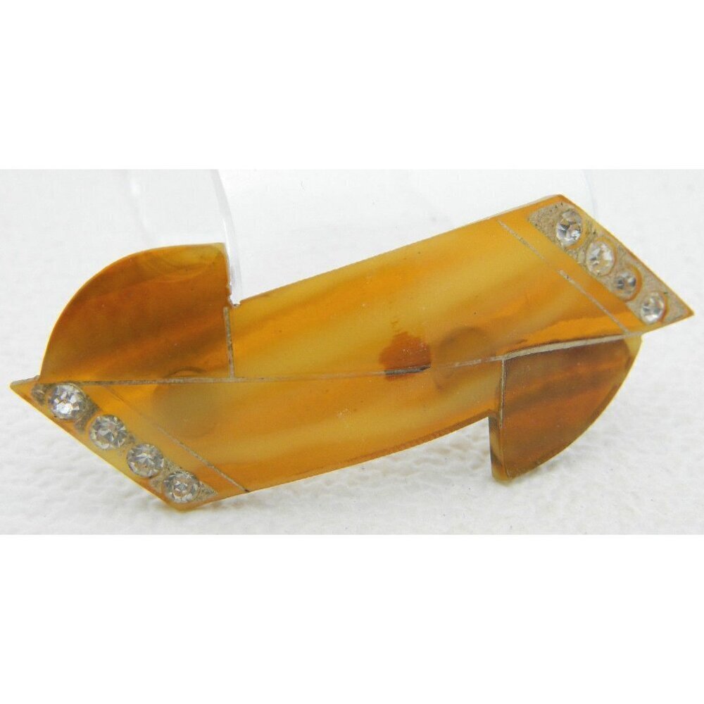 Vintage Faux Tortoise Shell Lucite Clear Rhinestone Pin Brooch